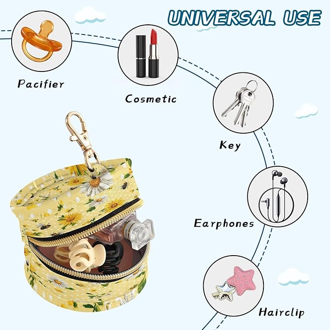 Pacifier Holder with Clip Pacifier Case for Diaper Bag Round Baby Pacifier Pouch Box Bag Portable Yellow Dot Bee and Daisy