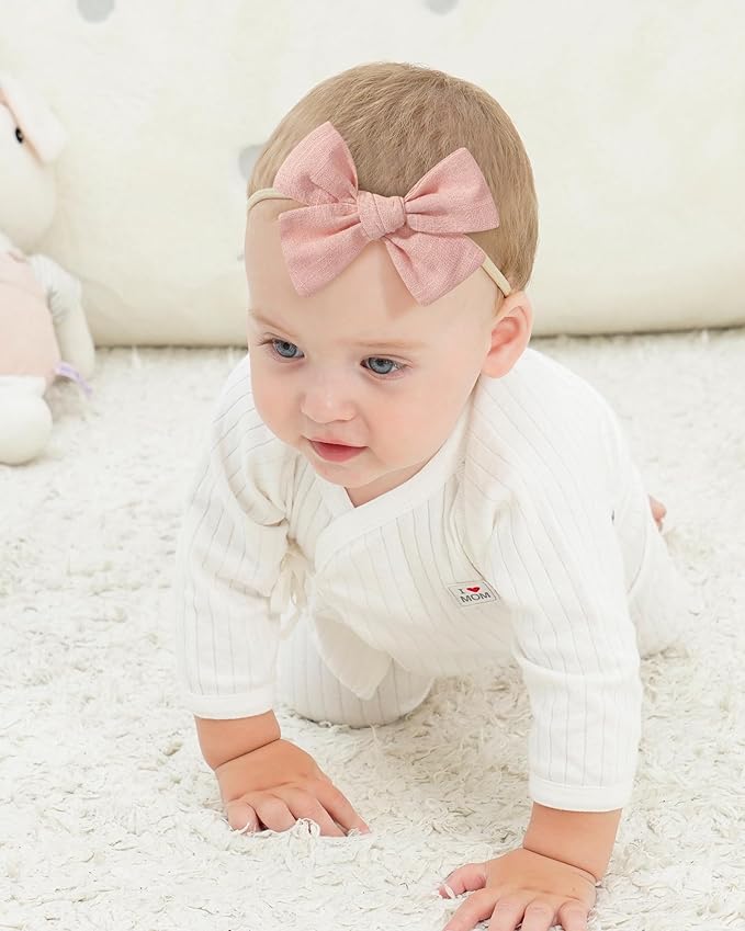 doboi 10PCS Baby Girls Headbands Hair Bows Nylon Cotton Linen Hairbands Fine Handmade Hair Accessories for Newborn Infant Toddlers Little Girls-Solid Plaid Stripe Polka Dot and Flowers