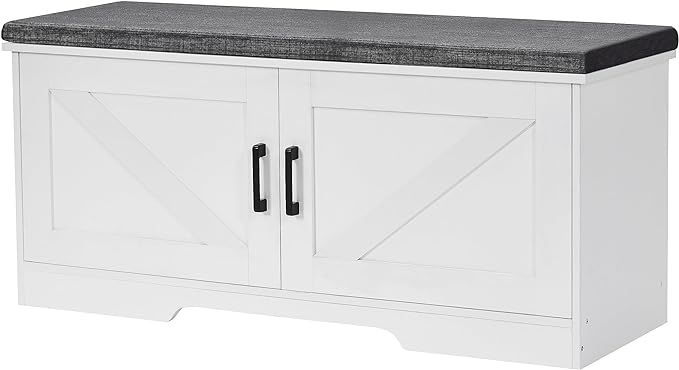 2-Tier Storage Bench, Shoe Bench with Padded Seat Cushion, Entryway Bench with 2 Barn Doors, Adjustable Shelf, 13.8" D x 39.4" W x 17.7" H, for Entryway, Living Room, Bedroom, White