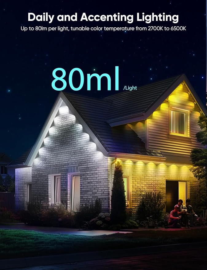 APPECK Permanent Outdoor Lights Pro 200ft, 144W RGBCW Eaves Lights with 144 LED Lights, 80lm, Cuttable, 111 Scene Modes, IP67 Waterproof Lighting for Christmas Decoration, Work with Alexa, White