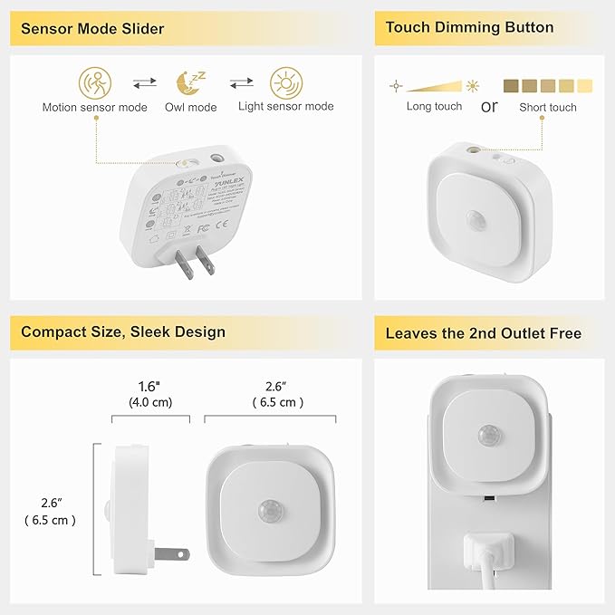 YUNLEX 2 Pack Plug in Night Light with Motion Sensor & Dusk to Dawn Sensor, 3 Sensor Modes, Dimmable, Reflected Light, Warm White Nightlight for Living Room, Bathroom, Hallway, Stairs, as Mother Gifts
