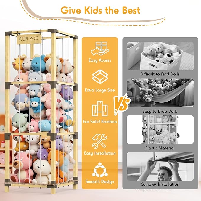 200L Stuffed Animal Zoo Storage, 3-Tier Extra Large Stuffed Animal Holder, Solid Bamboo Plushies Storage Tower with Mesh Pocket and Elastic Cords, Space Saver for Nursery Playroom Bedroom