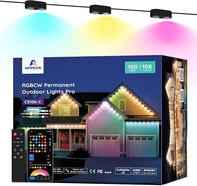 APPECK Permanent Outdoor Lights Pro 150ft, 108W RGBCW Eaves Light with 108 LED Lights, 80lm, Cuttable, 111 Scene Modes, IP67 Waterproof Lighting for Christmas Decoration, Work with Alexa, Black