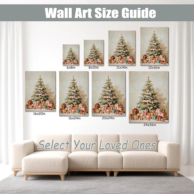 Vintage Evergreen Tree Christmas Canvas Wall Art - Rustic Pine with Gifts Framed Canvas Prints for Kitchen & Bathroom, Cozy Christmas Wall Decor, Ideal Christmas Gifts & Winter Decor