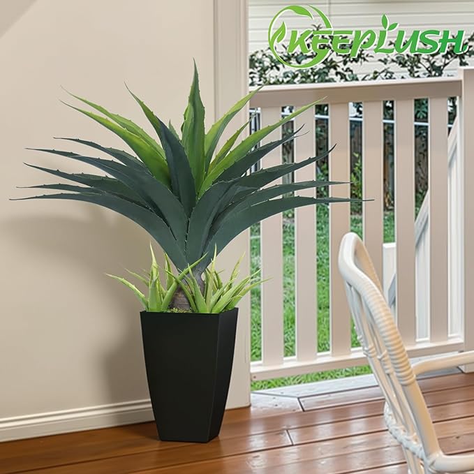 Artificial Spiked Agave Plant 2.5ft, 30 Inch Tall Fake Aloe Vera Plants in Black Pot, Fake Floor Plant Indoor Outdoor for Front Porch Patio Home Office Door Step Decor 1PCS