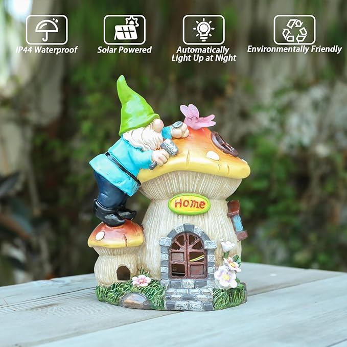 Garden Gnome Statue - Solar Powered Gnome Lights Decoration Outdoor Figurines for Yard with Gnome Building Mushroom House, Lawn Ornaments for Porch Balcony Patio Decor, Gifts for Mom Grandma