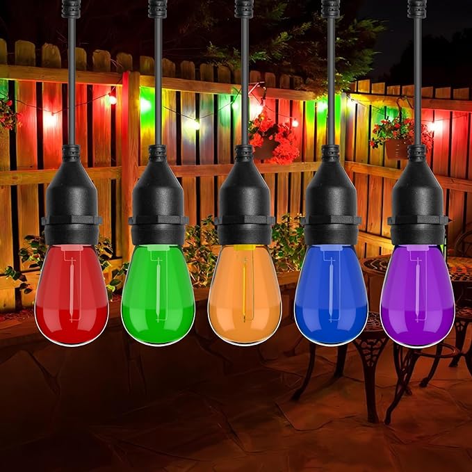 S14 Colored LED String Light Bulbs, 15 Pack 1 Watt Plastic Shatterproof LED Replacement Bulbs for Indoor Outdoor String Light, E26 Medium Base, Multi-Color: Red/Green/Blue/Purple/Orange