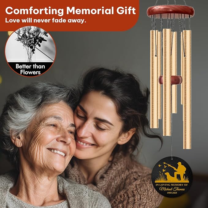 Personalized Hunter & Dog Memorial Wind Chime – “in Loving Memory of” Golden Engraved Hunting Scene – Custom Name & Years Sympathy Gift – Windchimes for Loss of Loved One – Nature Tribute Décor