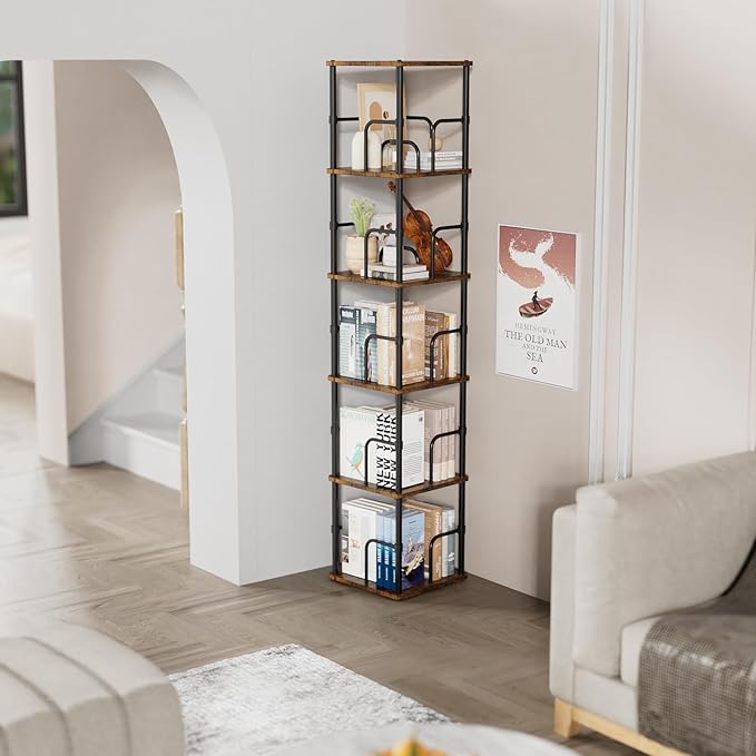 5 Tier Square Rotating Bookshelf, 360 ° Display Stackable Spinning Bookshelf Tower, Space Saving Tall Floor Standing Swivel Bookcase Corner Storage Organizer for Living Room, Rustic Brown, Small Size