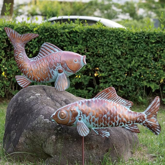 Set of 2 Koi Fish Decor Outdoor Statue Sculpture Garden Pond Fishes Yard Art Antique Copper Koi Sculptures & Statues Large Metal Koi Fish Figurine Ornaments Décor Gifts for Women Mom Grandma