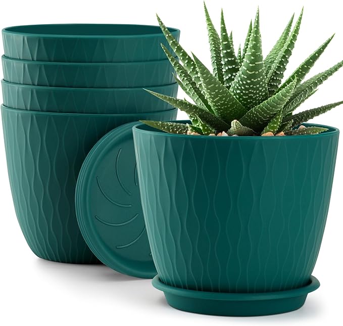Plant Pots – 6 Inch Planters with Drainage Holes and Saucers, Flower Pots for Indoor and Outdoor Plants, Nursery Planting Pots (Pack of 5, Teal)