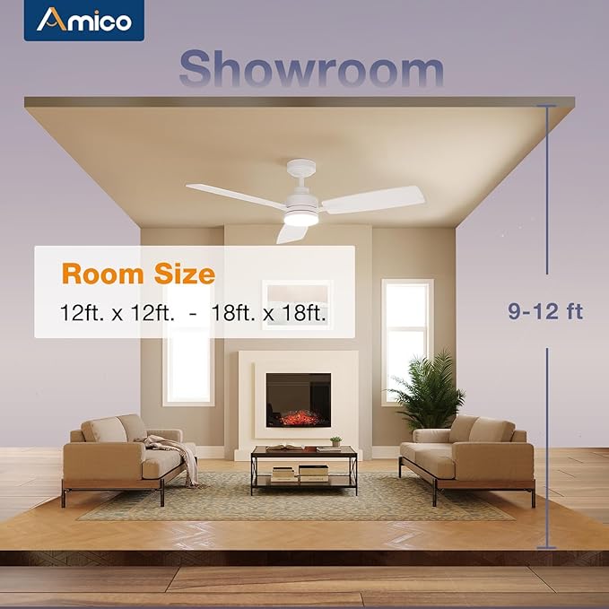 Amico Ceiling Fans with Lights, 52 Inch Ceiling Fan with Light and Remote Control, White Fan, Reversible, 3CCT, Dimmable, Noiseless, Ceiling Fan for Bedroom, Indoor/Outdoor Use