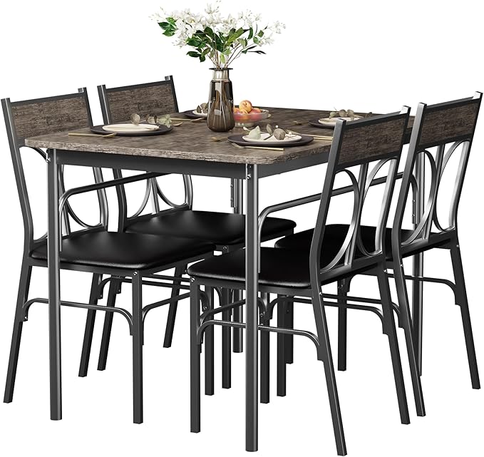 VECELO 5-Piece Dining Table Set for Home Kitchen Small Space Breakfast Nook, 4 Faux Leather Metal Frame Chairs,Rustic Brown,Set for 4