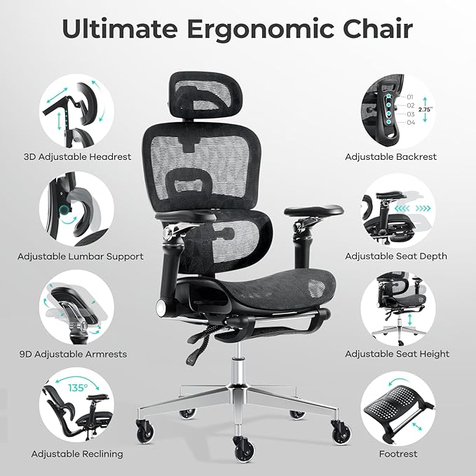 Ergonomic Office Chair with 9D Arms,Adjustable Seat Depth,3D Lumbar Support,135° Recline,3D Headrest & Footrest,Mesh Computer Desk Chair - Ultimate Comfort for Home & Executive Office Black