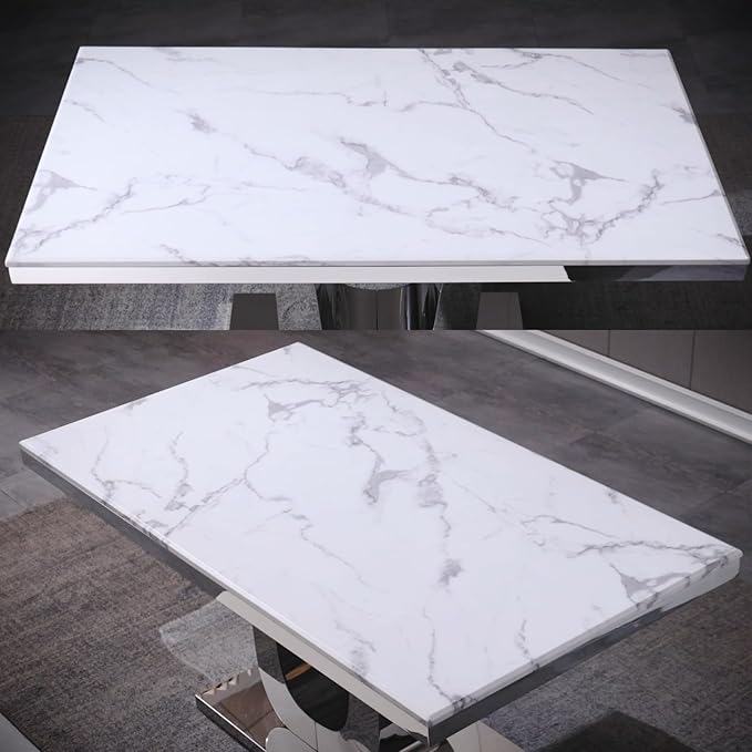 Modern Dining Room Table with Silver Stainless Steel Metal U-Base in White Silver