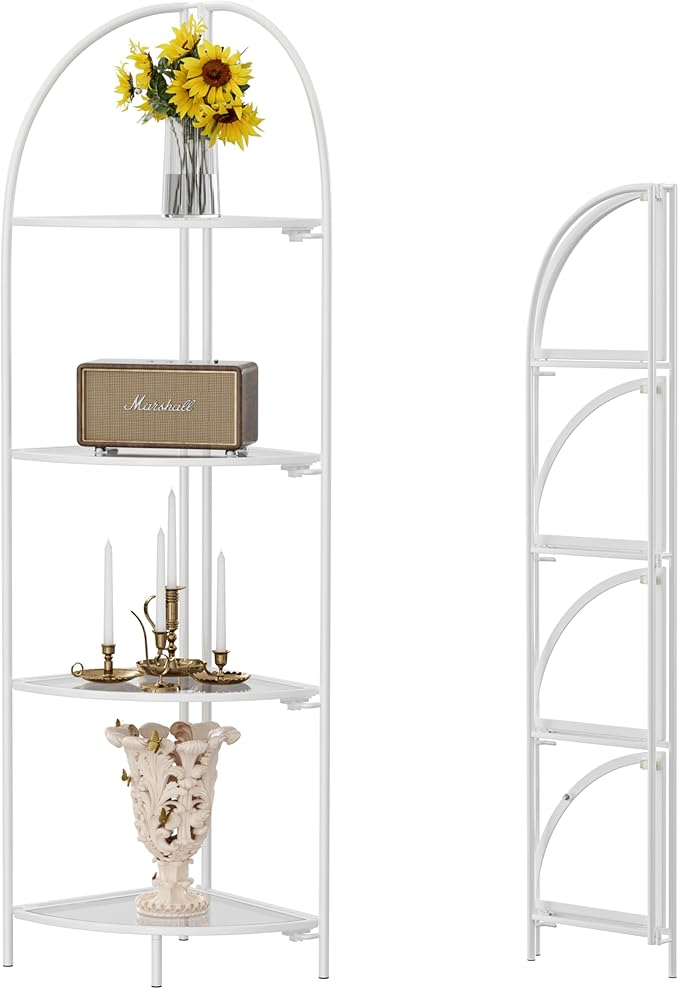 Crofy Foldable 4 Tier Corner Shelf, Metal Corner Plant Stand with White Frame and Transparent Shelves, Corner Display Rack Multipurpose Shelving Unit for Living Room, Bedroom, Bathroom