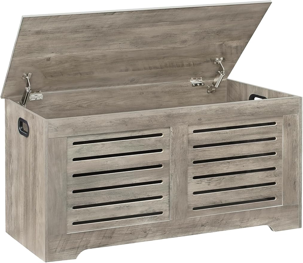 DINZI LVJ Storage Chest, 39.4”Wooden Toy Box with 2 Safety Hinges, Retro Entryway Shoe Storage Bench with Flip-Top, Sturdy Large Storage Trunk for Living Room, Bedroom, Easy Assembly, Gray Wash