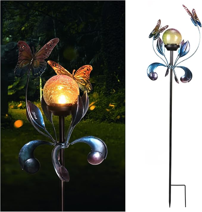 VCUTEKA Solar Lights Outdoor Metal Garden Stake Waterproof Crackle Glass Globe Garden Decor Butterfly for Pathway, Lawn, Patio, Yard