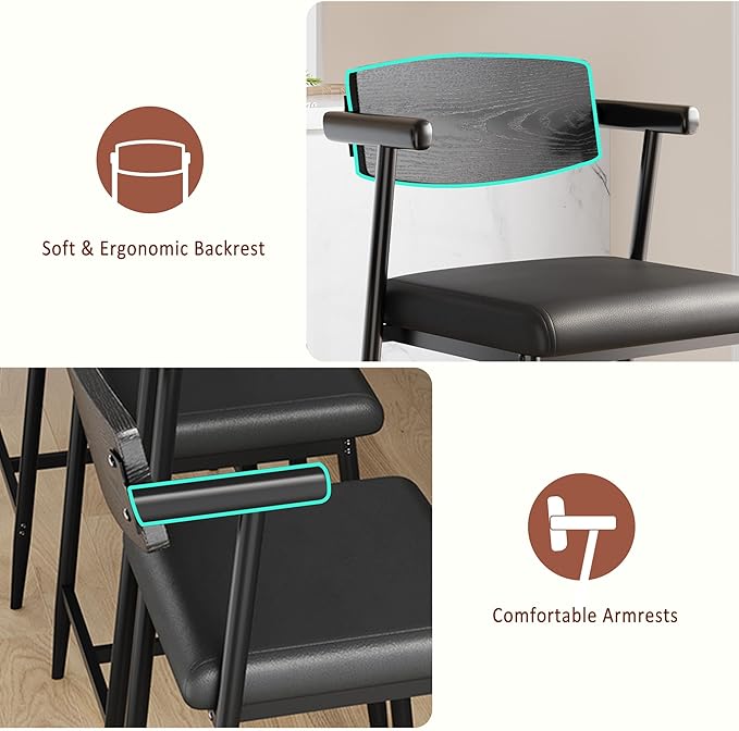 GarveeHome Counter Height Bar Stools Set of 2 with Arms, 26" Upholstered Modern Bar Stools Set with Wood Back & Footrest for Kitchen Island, Counter Bar, Wider Seat, Easy Assembly,Retro Black