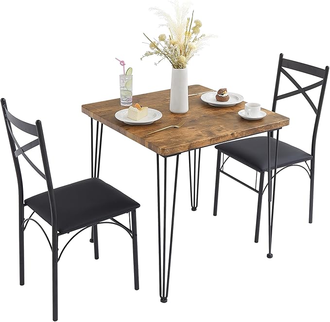 VECELO 3-Piece Dining Table Set for Home Kitchen Small Space Breakfast Nook, 2 Faux Leather Metal Frame Chairs,Brown,Set for 2