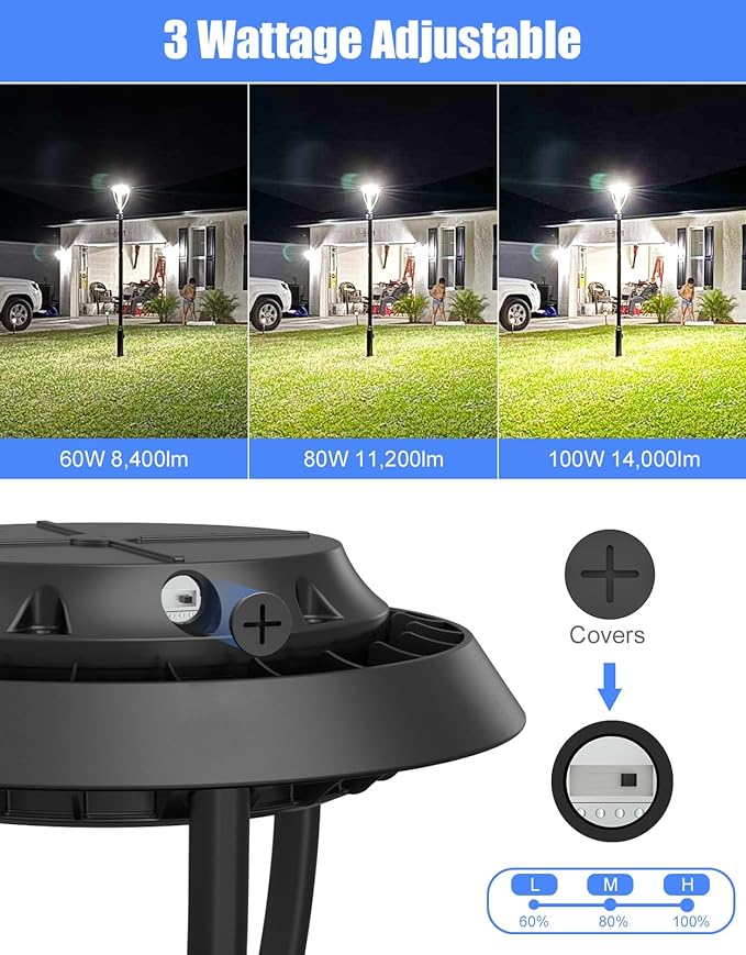 KUKUPPO 2Pack 100W LED Post Top Light 100W/80W/60W Wattage Selectable ETL Listed 14000Lm LED Post Pole Top Light Dusk to Dawn IP65 Waterproof for Outdoor Commercial Pole Light Fixture AC100-277V