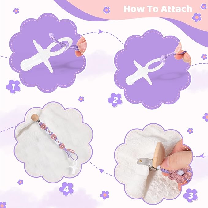 Pacifier Clip for Boys Girls Floral Daisy Macrame Baby Paci Clip Pacifier Holder Leash Boho Wooden Clips Handmade Braided Cotton Binky Clips (2pack:Pink Daisy & Lavender Style A)