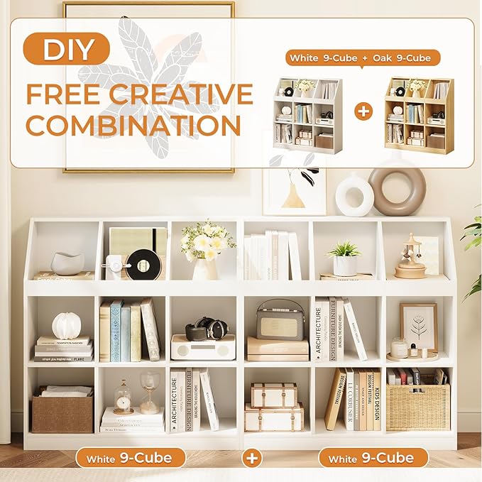 9-Cube Wooden Storage Bookcase - 11-Inch Open Shelf Cabinet, Simple Modern Bookshelf Organizer for Home Office, Living Room, White
