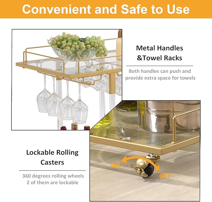 Bar Cart for Home Bar Chrome Serving Cart with Wine Rack 2-Tier Acrylic Rolling Bar Carts on Wheels Clear Dessert Cart Lucite Bar Stand Glass Liquor Cart for Living Room Kitchen Club Gold