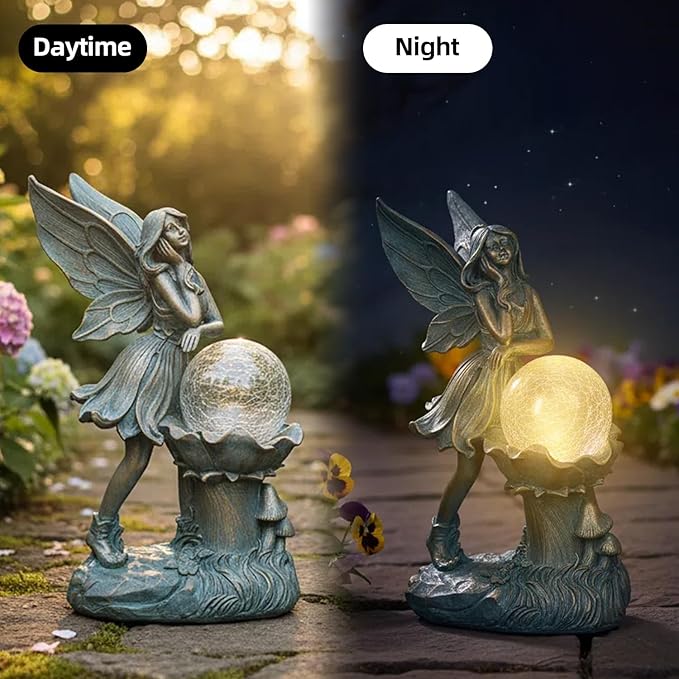 Ferrisland Garden Angel Fairy Outdoor Figurines Statue with Solar Lights,Solar Decorations for Yard Outdoor Garden, Patio Yard Lawn, Gifts for Birthday Housewarming Mother's Day (Bronze)