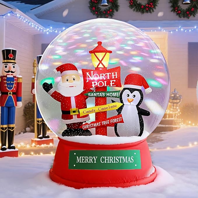 Juegoal Christmas Inflatables Decorations Outdoor, 6FT Inflatable Xmas Snow Globe with Built-in Rotating Lights, Lighted Blow Up Santa & Penguin in Snowing Globe for Holiday Winter Lawn Yard Garden
