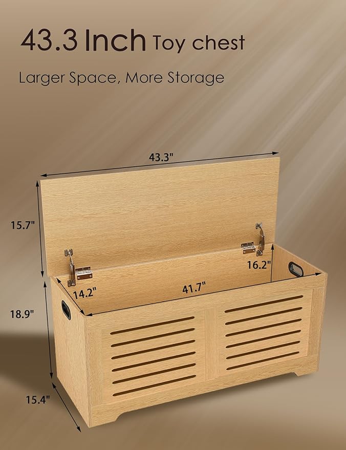 DINZI LVJ Storage Chest, 43.3”Wooden Storage Box with 2 Safety Hinges, Entryway Shoe Bench with Flip-Top, Farmhouse Style Trunk for Living Room, Bedroom, Play Room, Easy Assembly, Natural
