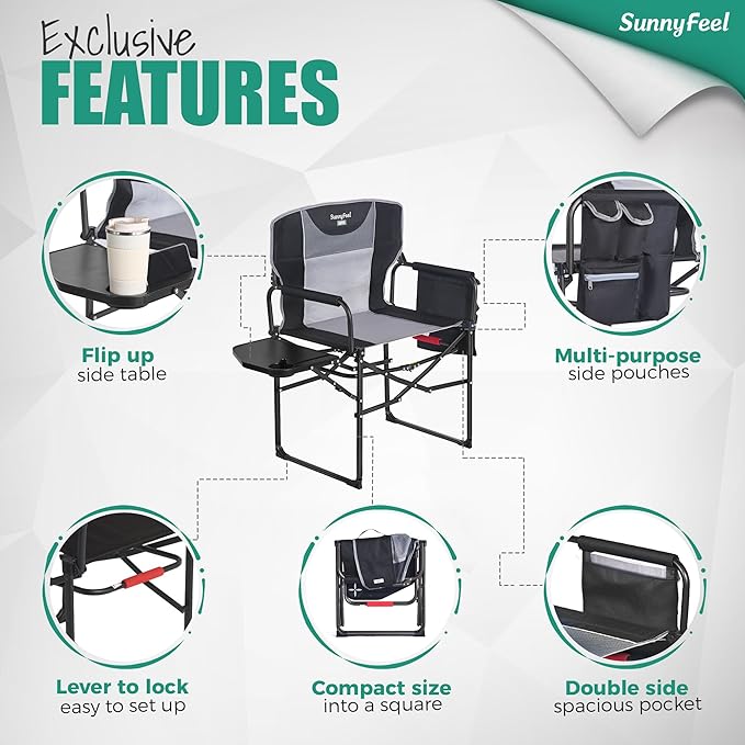 SUNNYFEEL Oversized Camping Directors Chair 500 LBS Heavy Duty, Portable Folding Chair with Side Table, Pocket for Beach, Fishing,Trip,Picnic,Lawn,Concert Outdoor Foldable Camp Chairs