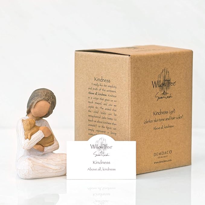 Willow Tree Kindness (Girl Darker Skin Tone & Hair Color), Above All, Kindness, Expresses Relationship with A Much-Loved Pet, A Gift to Celebrate Adoption, Cat Owners, Sculpted Hand-Painted Figure