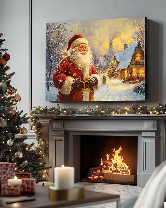 Vintage Santa Claus Christmas Canvas Wall Art - Festive Holiday Painting for Living Room,Bedroom & Bathroom, Cozy Winter Decor Framed Print, Perfect Christmas Gifts & Home Decoration
