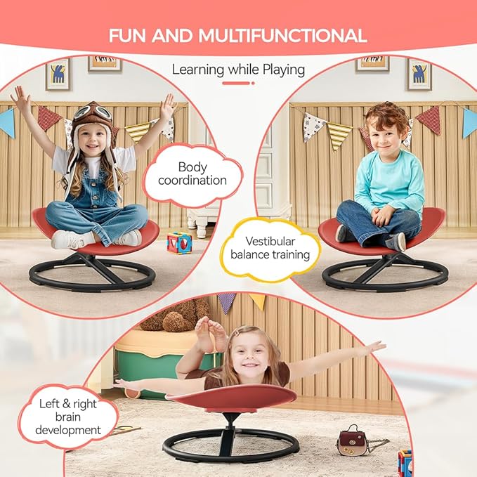 Swivel Chair for Kids, 360° Spinning Seat, Toddler Sit and Spin Wobble Chair, Sensory Balance Toys, Autism ADHD Chairs, Play Equipment Relief Motion Sickness for Boys Girls (Red)