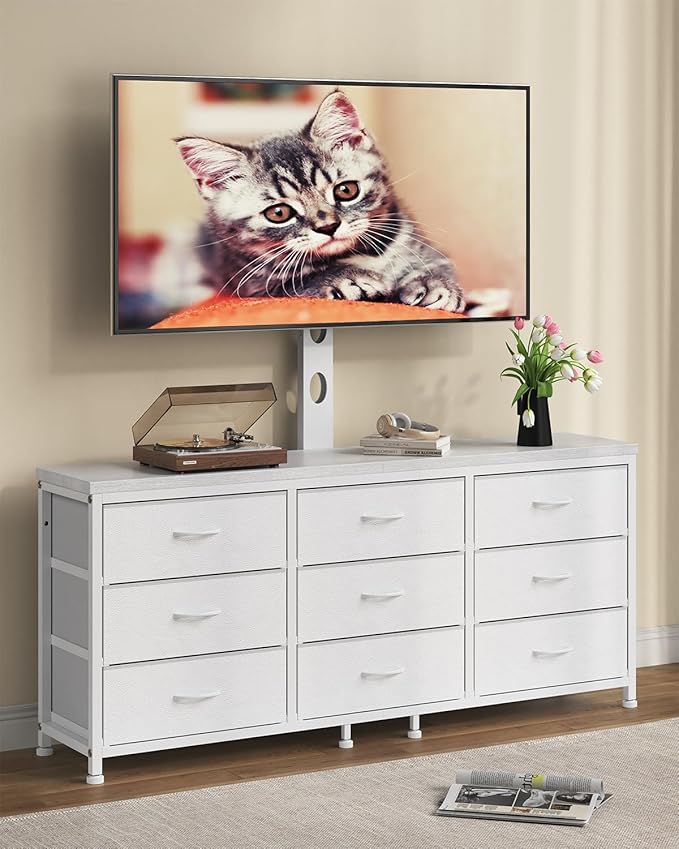TV Stand with Mount for 32/55/65/75/85 inch TVs, Entertainment Center with 9 Fabric Drawers Dresser Storage, Height Adjustable Media Console