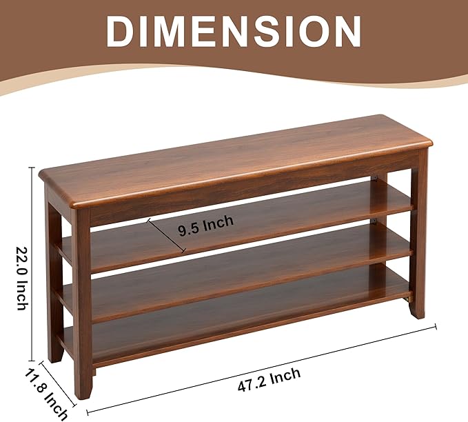 Shoe Storage Bench for Entryway - 4 Tier Shoe Rack for Front Door Entrance, Rubberwood Shoes Rack Height Adjustable, Entryway Bench with Shoes Storage for Any Room (Walnut, 47.2" W)