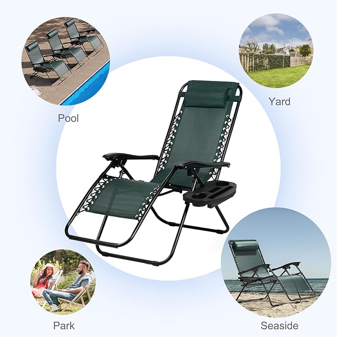 Nazhura Set of 2 Relaxing Recliners Patio Chairs Adjustable Steel Mesh Zero Gravity Lounge Chair Beach Chairs with Pillow and Cup Holder (Dark Green)