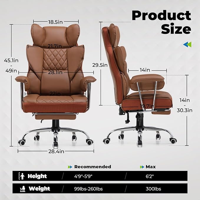 COMHOMA Big and Tall Office Chair, High Back Leather Gaming Chair with Footrest, Executive Ergonomic Office Chairs with Pocket Spring Lumbar Support and with Outward Fixed Soft Armrests