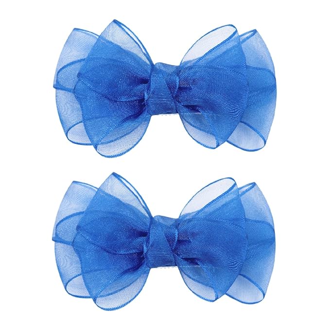 3.5-Inch Organza Hair Bows for Girls - Elegant Sheer Ribbon Alligator Clips for Toddlers, Kids, and Teens - Pack of 2, Royal Blue