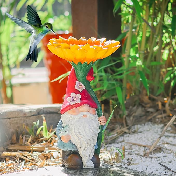 MUMTOP Garden Gnome Statue with Sunflower Bird Bath Outdoor Decor, Gnome Birdbaths Bird Feeder with Solar LED Light Waterproof Garden Sculpture for Yard Lawn Outdoor Decorations