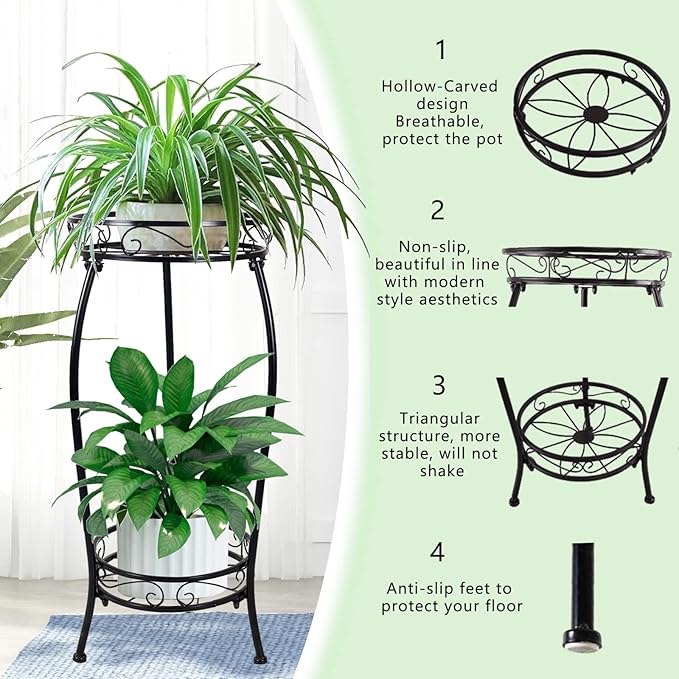 MOCORY Plant Stand Indoor Outdoor 2 Tier 27" Tall Metal Potted Holder Flower Pot Stand Heavy Duty Plant Shelf Rustproof Iron Multiple Plant Round Supports Rack for Planter Corner Garden Balcony Patio