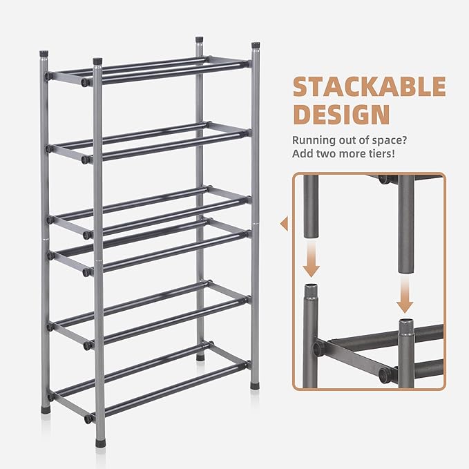 STORAGE MANIAC Expandable Shoe Rack, 12 Pairs Stackable Small Shoe Rack, Metal Adjustable Shoes Organizer for Closet, Entryway, Hallway, Garage, Front Door, Shoes Shelves, Black 3 Tier