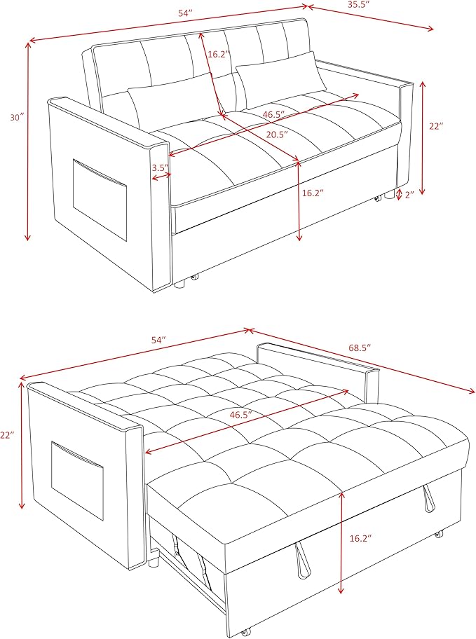 3 in1 Sofa Bed, Pull-Out Sleeper Sofa Bed with 3-Level Adjustable Backrest, Velvet Fabric Convertible Love Seat Sleepers Beds for Living Room & Bedroom & Apartment, Black