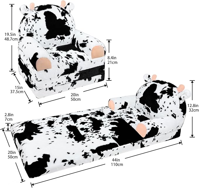 Toddler Chair with Faux Rabbit Fur – 2-in-1 Foldable Kids Couch, Soft Sofa for Reading, Napping, Bedroom or Playroom Use, 18 Months+ （Cow）