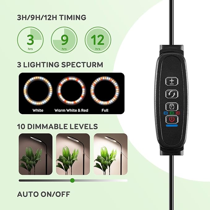 One Head Grow Lights for Indoor Plant Full Spectrum, Plant Lights for Indoor Growing with 3/9/12 Timer, 5 Dimmable Levels, Height Adjustable 16.5''-68", Strong Base for Large Plants