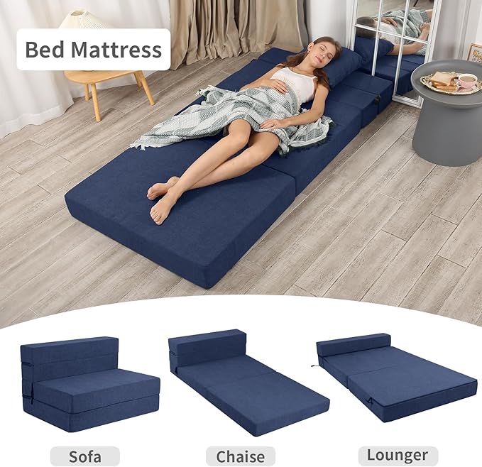 High-Density Memory Foam Folding Sofa Bed with Fluffy Pillow, Twin Size, Navy