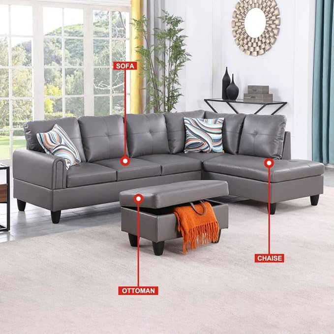 Dark Grey L-Shaped 3-Piece Faux Leather Sofa with Storage Ottoman Set, Sectional Couch Sofa Set for Living Room, Office, Small Space