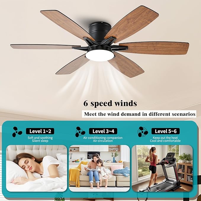 52inch Brown Ceiling Fans with Lights and Remote/App Control, Low Profile Ceiling Fan with Light and 6 Double-Side blades, Flush Mount, LED/RGB Dimmable DC Reversible Modern Ceiling Fan for Bedroom