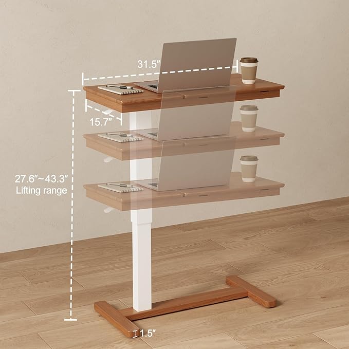 Solid Wood Overbed Bedside Table with Wheels, Adjustable Medical Tilt Top Hospital Bed Table Over The Bed, Rolling Laptop Desk, Mobile Standing Desk for Hospital and Home Use (Walnut)
